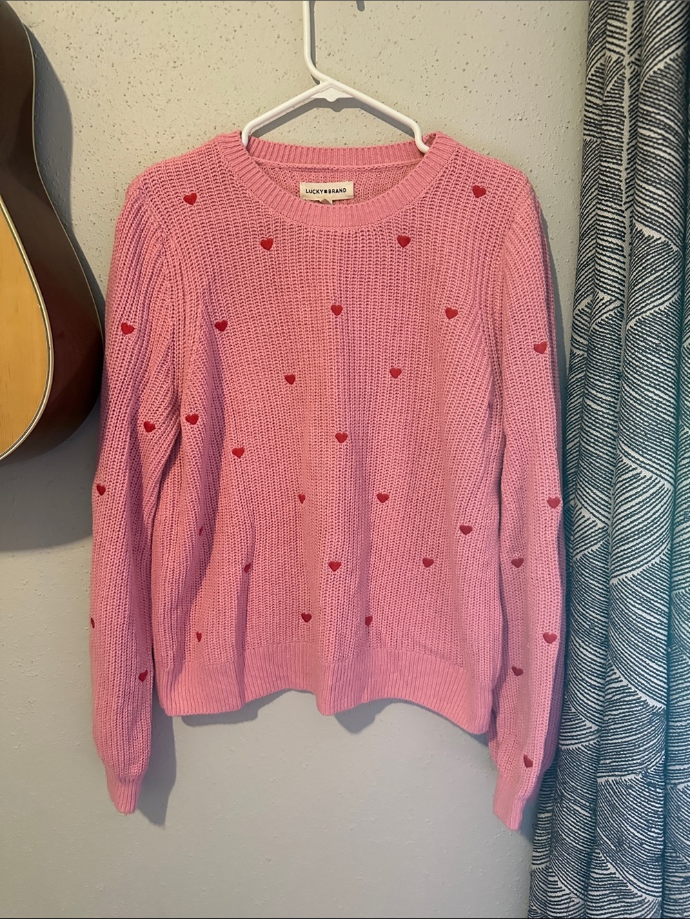 Lucky Brand Pink Crewneck Sweater with Red Heart Accents